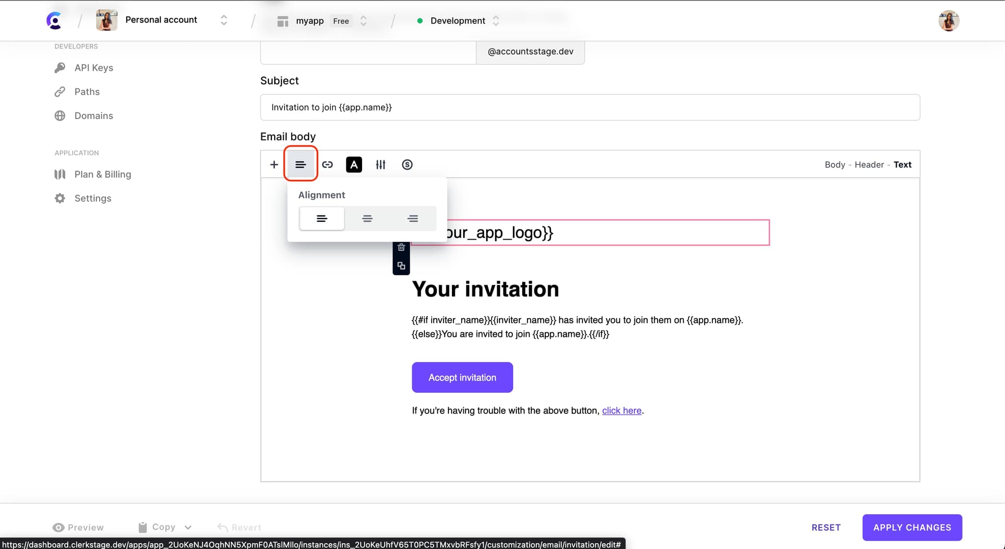 The 'Invitation' email template customization page. There is a red box around the 'Alignment' icon in the toolbar of the 'Email body' WYSIWG editor.