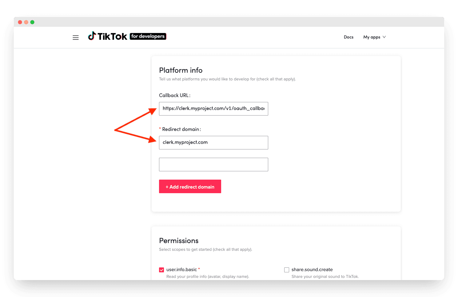 Filling in the Callback URL and Redirect Domain fields