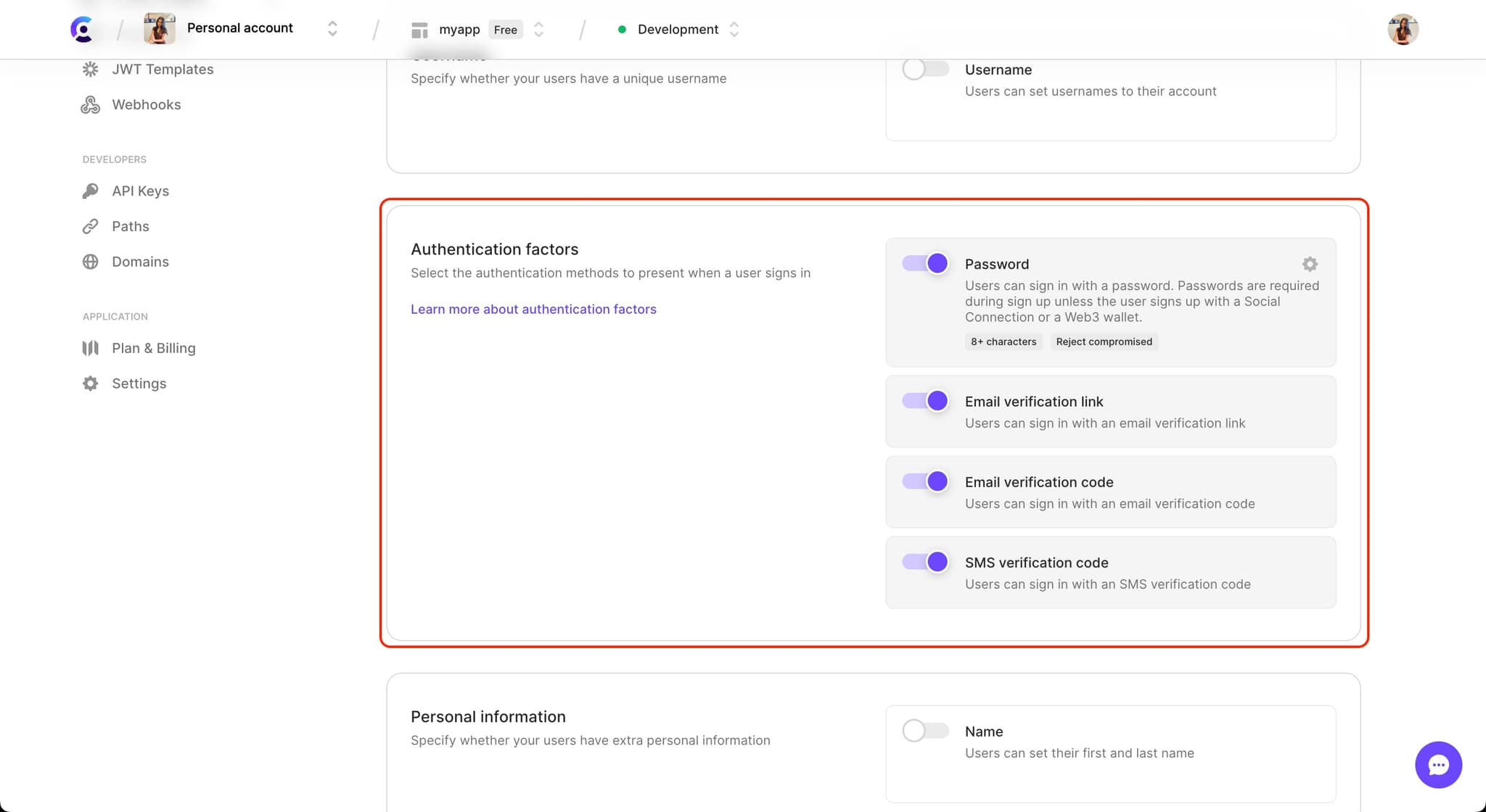 The 'Email, Phone, and Username' page in the Clerk dashboard. There is a red box around the 'Authentication factors' section of the page.