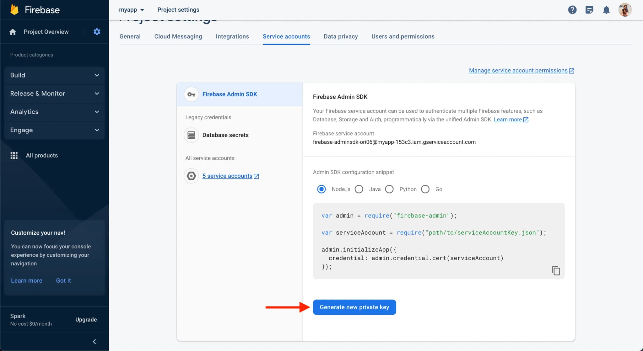 The 'Service Accounts' page in the Firebase console. A red arrow points to the 'Generate new private key' button.